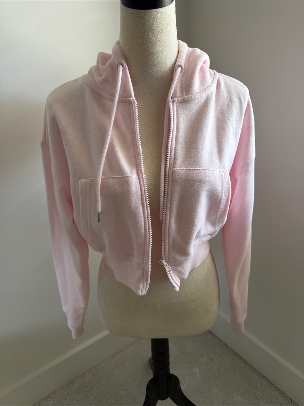 Forever 21 Light Pink Cropped Bomber Hoodie Jacket